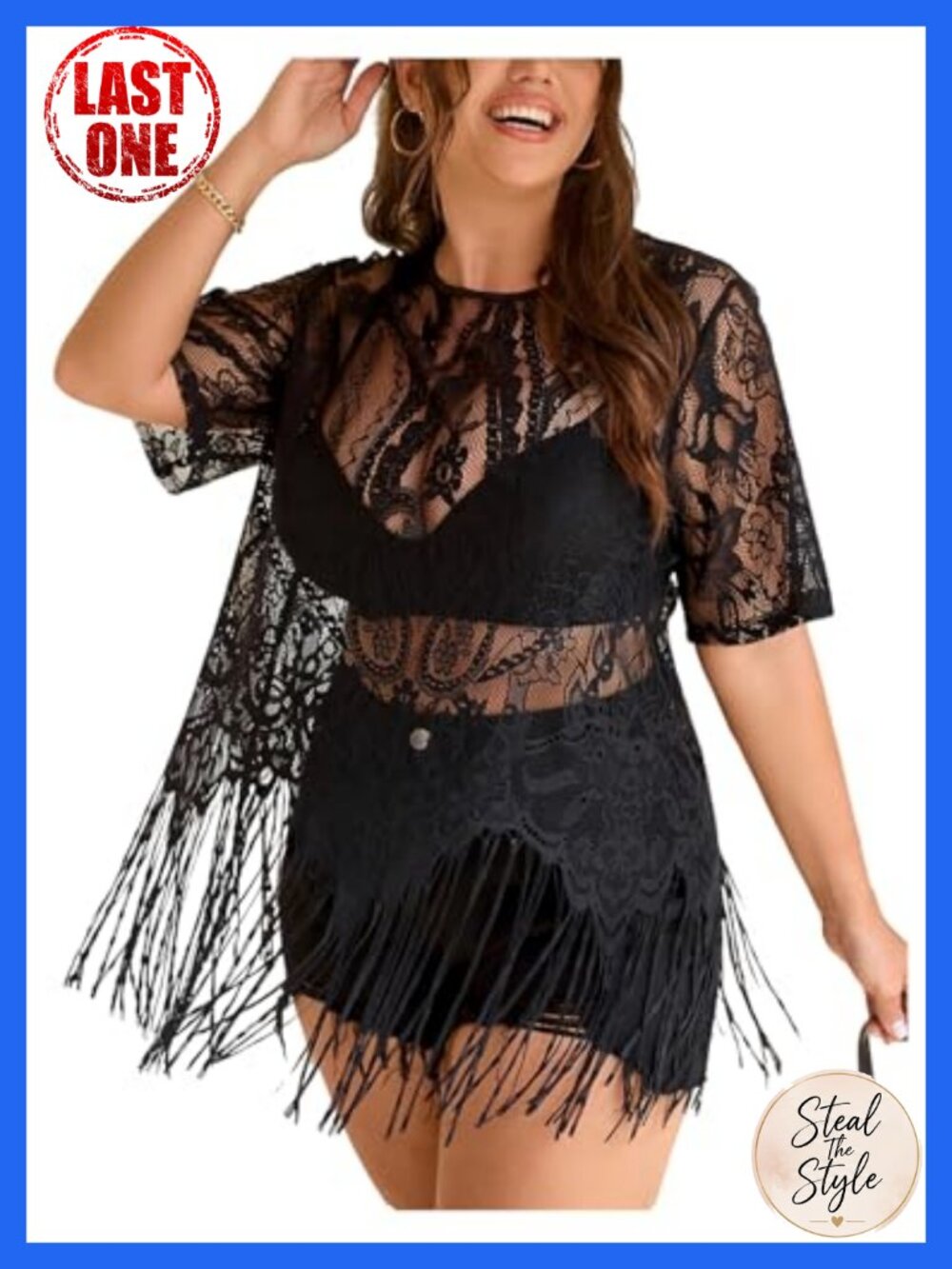 Plus Size Boho Fringe Lace Top 3/4 Sleeve Tassel Hem Festival